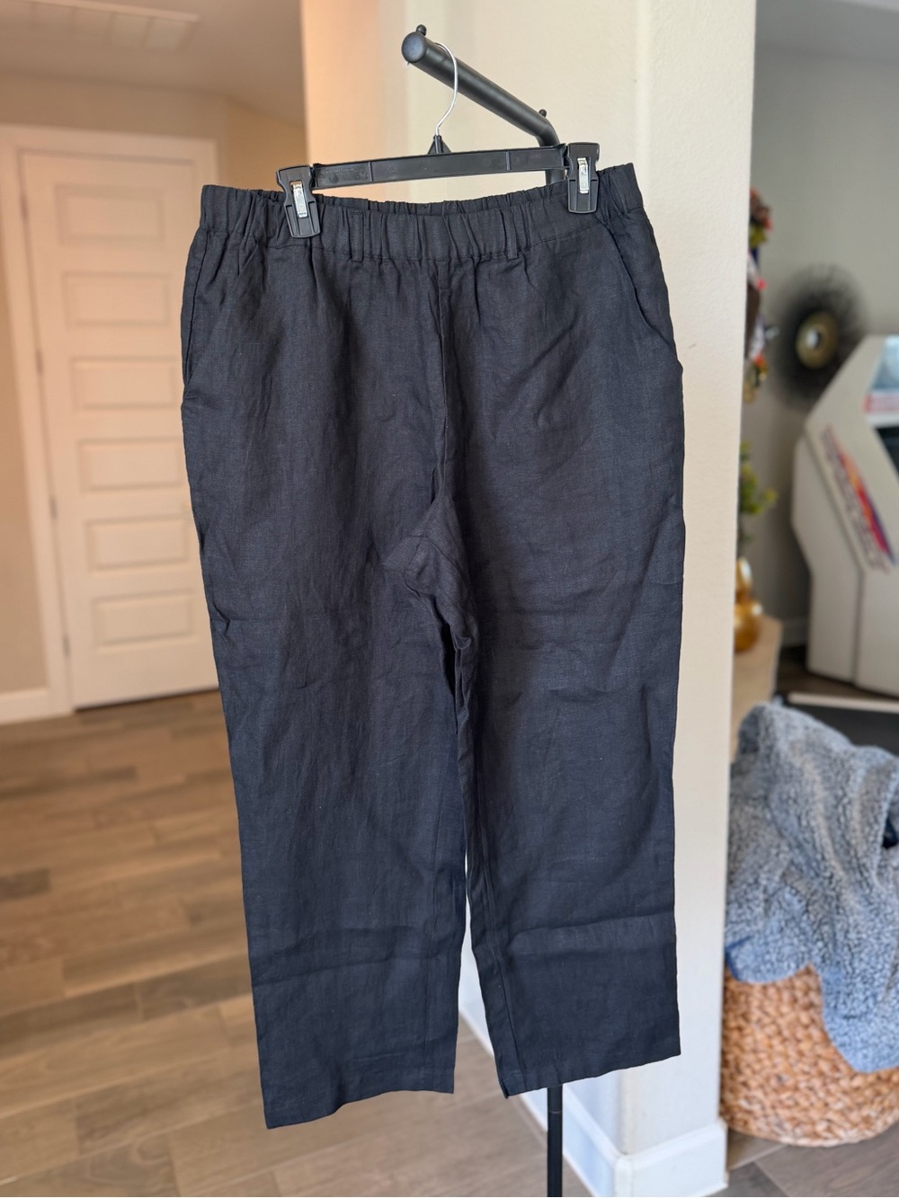 Quince 100% European Linen Pants Black Cropped Elastic-Waist Length 25" M
